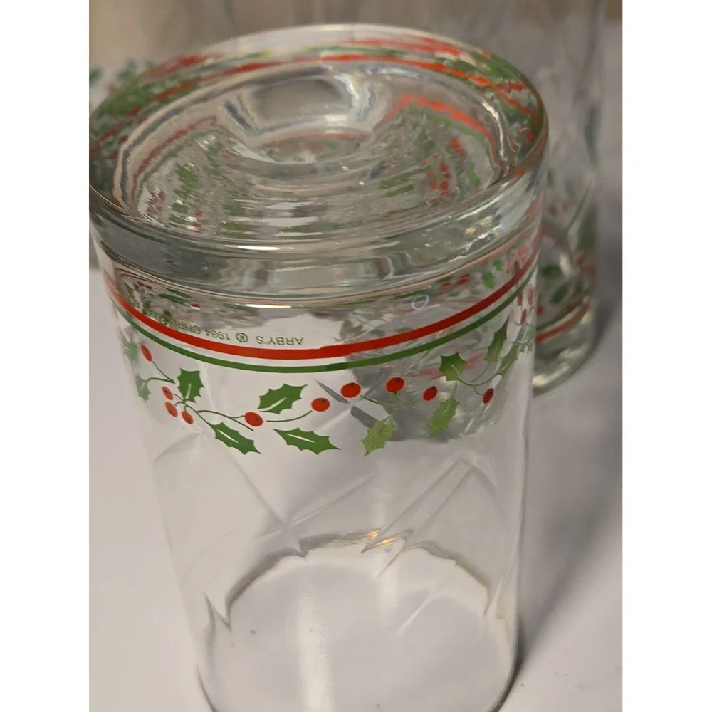 Vtg Glass HOLLY BERRY Christmas Drinking Glasses Tumblers Set of 4